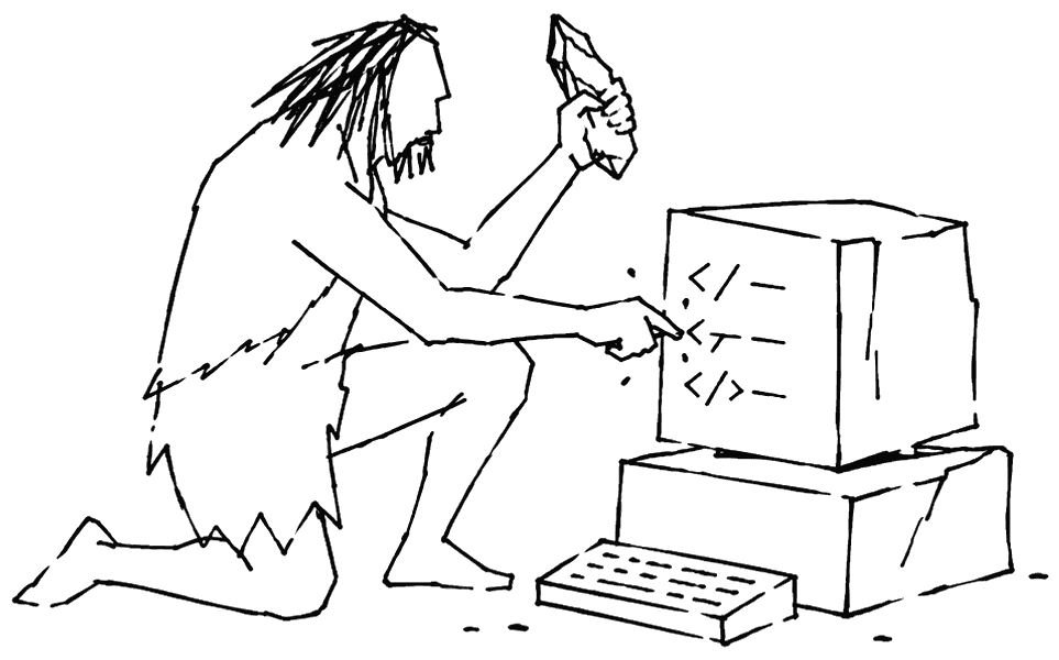 Illustration au trait d'un artisan préhistorique gravant du code sur un ordinateur en pierre — on grave, on code, on avance.