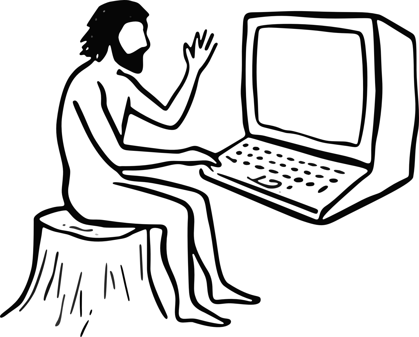Illustration S1LEX : un homme préhistorique codant sur un ordinateur